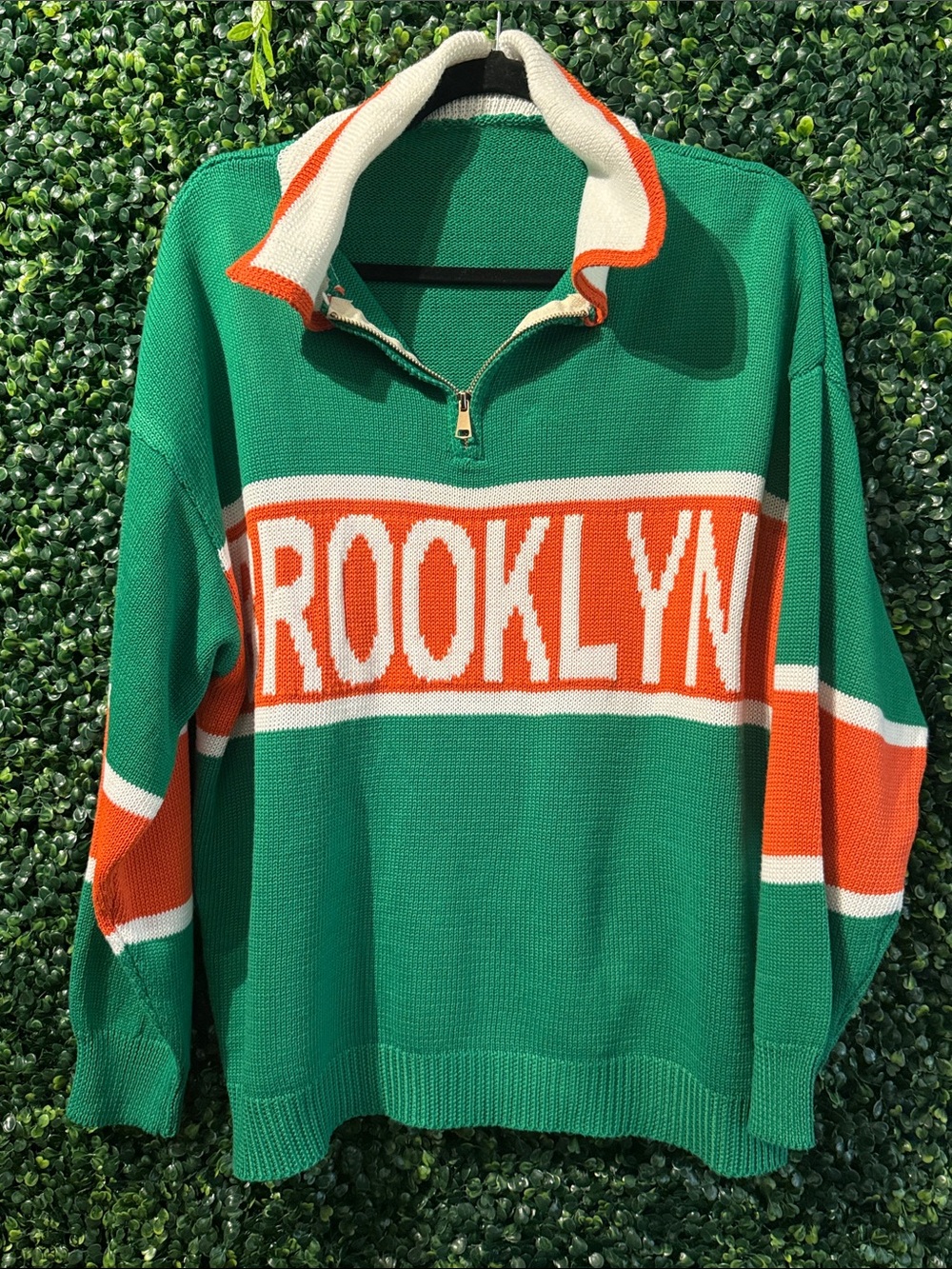 Vintage Green Brooklyn Half-Zip Knit Sweater with Orange & White Stripes